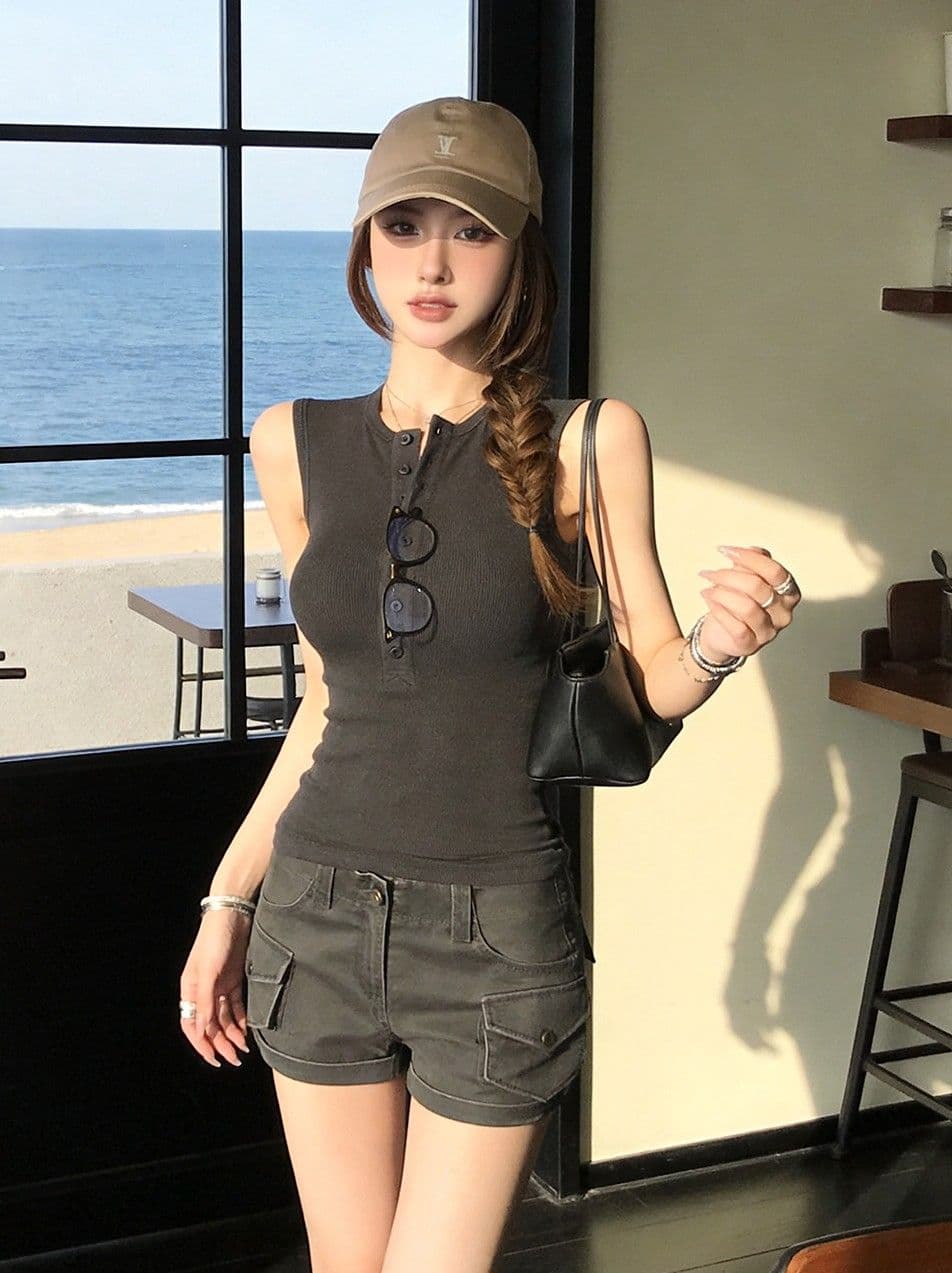 260 그램 사람들 면 한국 스타일 패션 핫걸 헨리 칼라 민소매 조끼 여성 여름 디자인 센스 몸매 가꾸기 슬림해 보이는 맨위 상세 이미지 5