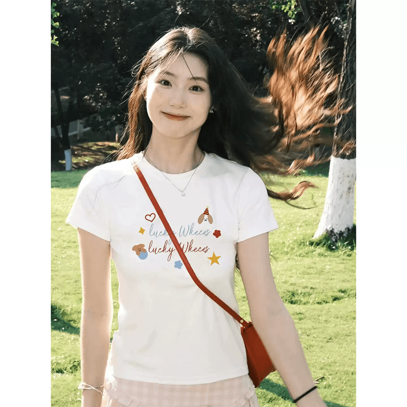 순면 40 220 그램 92 면 8 암모니아 Lun 한국 스타일 새로운 긍정적 인 어깨 반팔 티셔츠 여성 프린트 몸매 가꾸기 핫걸 맨위 이미지 5