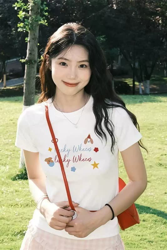 순면 40 220 그램 92 면 8 암모니아 Lun 한국 스타일 새로운 긍정적 인 어깨 반팔 티셔츠 여성 프린트 몸매 가꾸기 핫걸 맨위 이미지 6