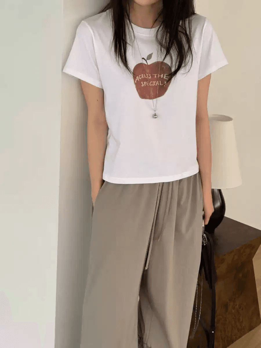 순면 40 220 그램 92 면 8 암모니아 Lun 한국 스타일 새로운 긍정적 인 어깨 반팔 티셔츠 여성 프린트 몸매 가꾸기 핫걸 맨위 상세 이미지 3