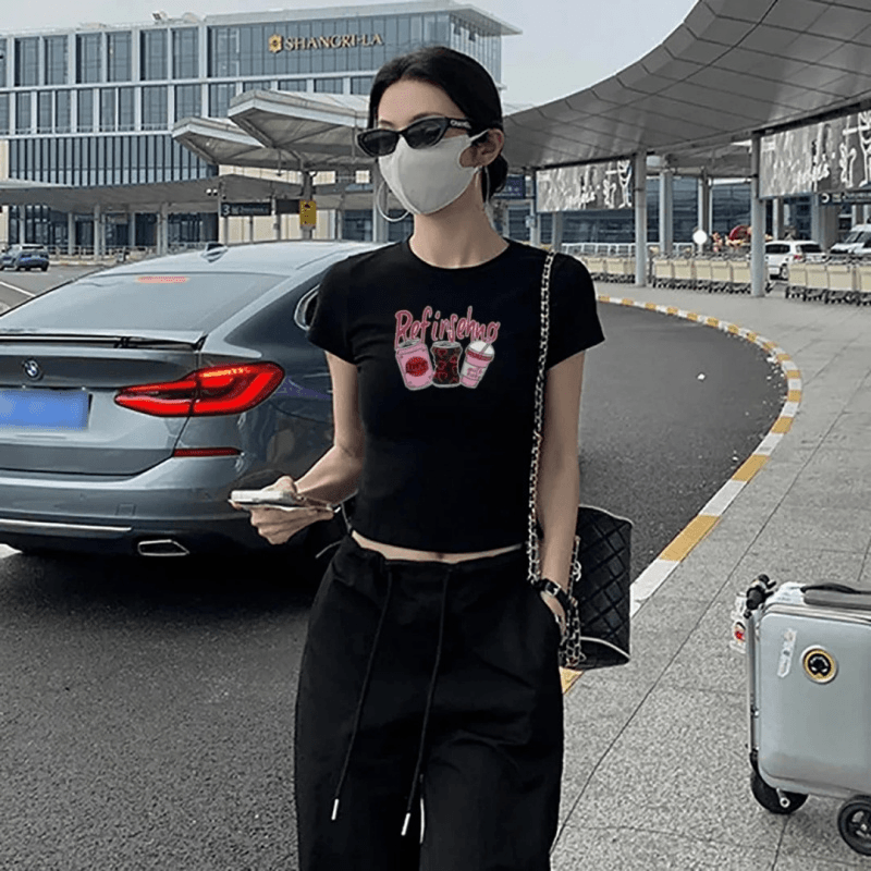 순면 40 220 그램 92 면 8 암모니아 Lun 한국 스타일 새로운 긍정적 인 어깨 반팔 티셔츠 여성 프린트 몸매 가꾸기 핫걸 맨위 이미지 5