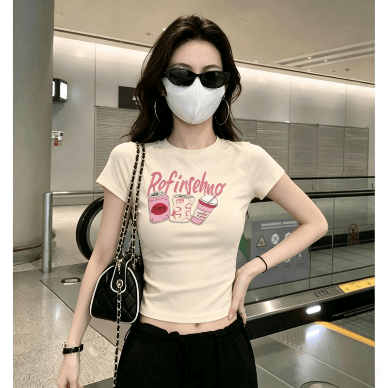 순면 40 220 그램 92 면 8 암모니아 Lun 한국 스타일 새로운 긍정적 인 어깨 반팔 티셔츠 여성 프린트 몸매 가꾸기 핫걸 맨위 이미지 3