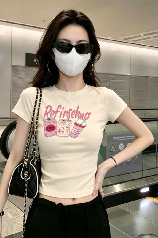 순면 40 220 그램 92 면 8 암모니아 Lun 한국 스타일 새로운 긍정적 인 어깨 반팔 티셔츠 여성 프린트 몸매 가꾸기 핫걸 맨위 이미지 6