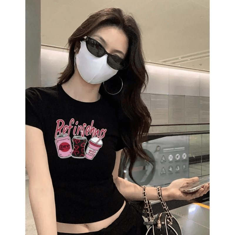 순면 40 220 그램 92 면 8 암모니아 Lun 한국 스타일 새로운 긍정적 인 어깨 반팔 티셔츠 여성 프린트 몸매 가꾸기 핫걸 맨위 상세 이미지 2