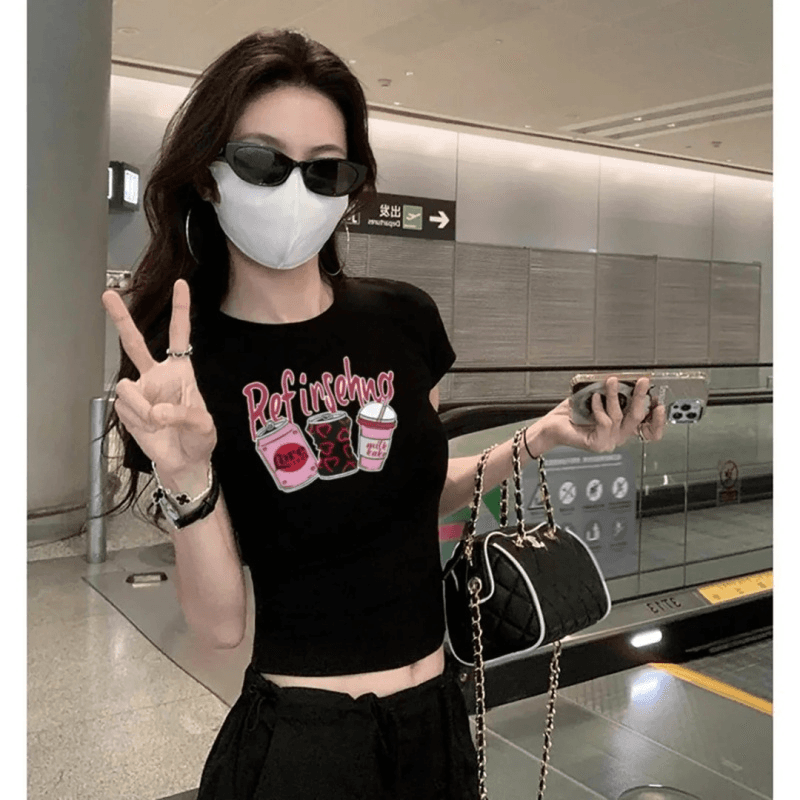 순면 40 220 그램 92 면 8 암모니아 Lun 한국 스타일 새로운 긍정적 인 어깨 반팔 티셔츠 여성 프린트 몸매 가꾸기 핫걸 맨위 상세 이미지 3
