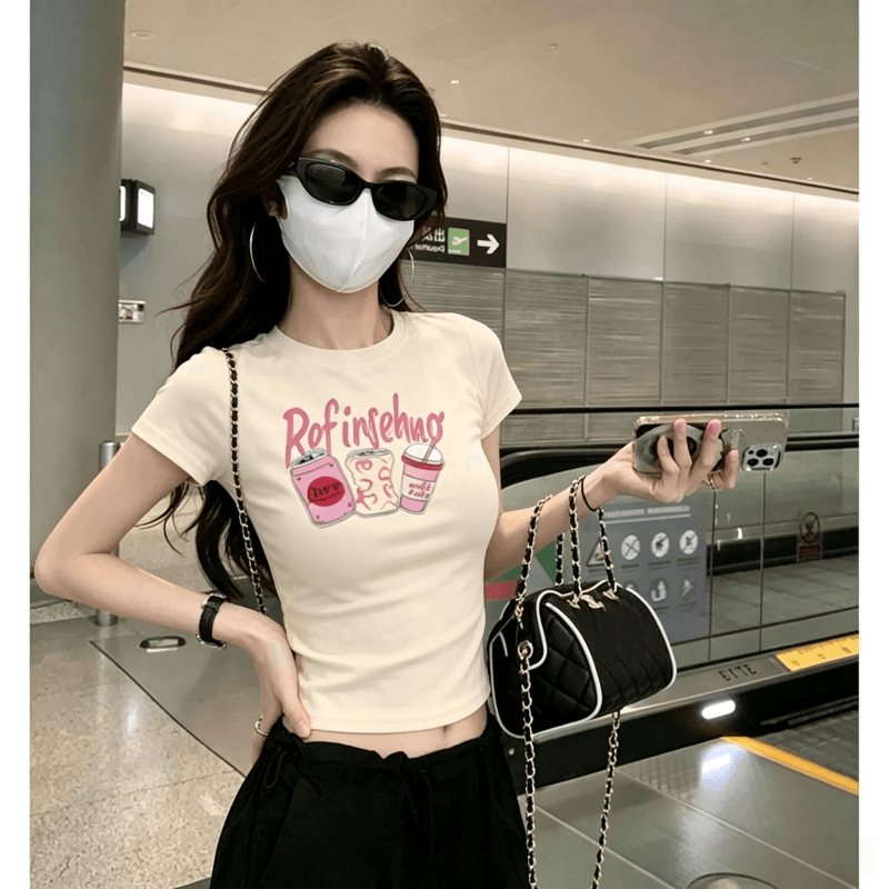 순면 40 220 그램 92 면 8 암모니아 Lun 한국 스타일 새로운 긍정적 인 어깨 반팔 티셔츠 여성 프린트 몸매 가꾸기 핫걸 맨위 상세 이미지 5