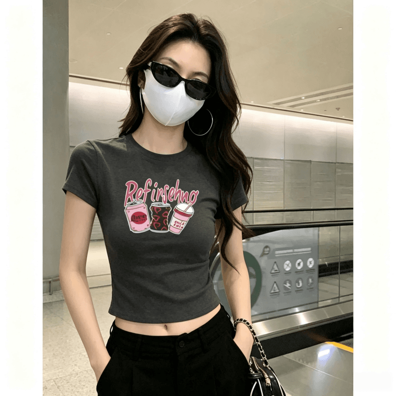 순면 40 220 그램 92 면 8 암모니아 Lun 한국 스타일 새로운 긍정적 인 어깨 반팔 티셔츠 여성 프린트 몸매 가꾸기 핫걸 맨위 상세 이미지 8