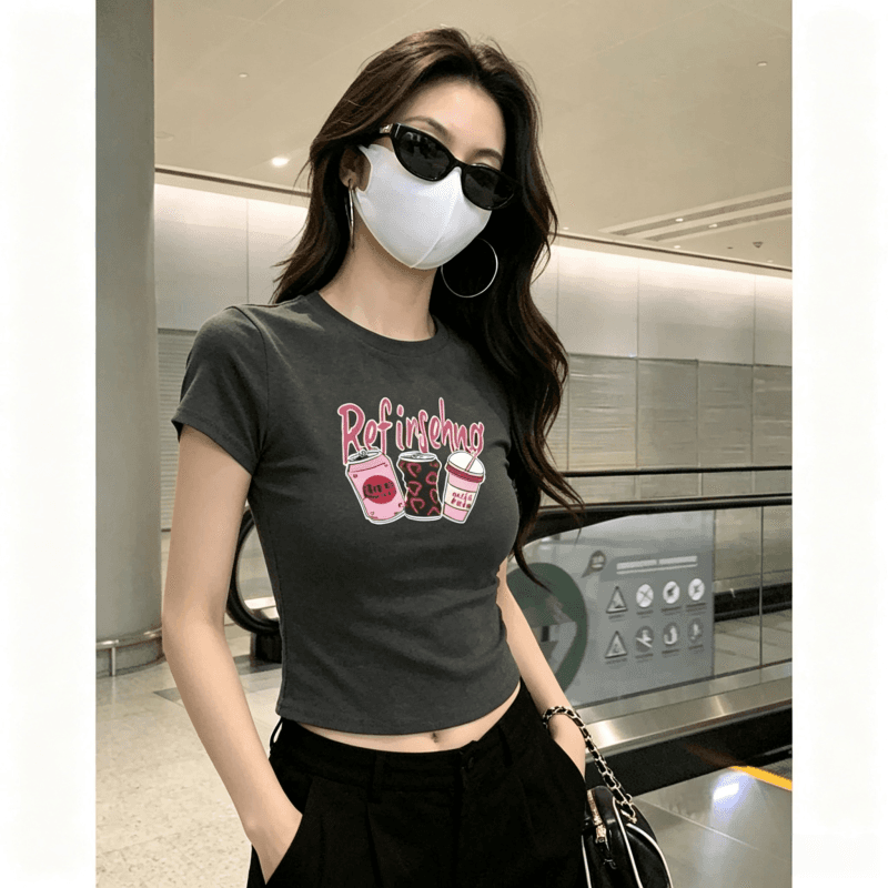 순면 40 220 그램 92 면 8 암모니아 Lun 한국 스타일 새로운 긍정적 인 어깨 반팔 티셔츠 여성 프린트 몸매 가꾸기 핫걸 맨위 상세 이미지 9