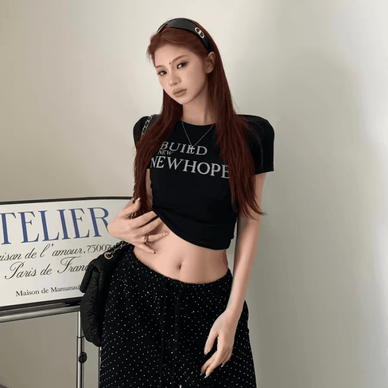 순면 40 220 그램 92 면 8 암모니아 Lun 한국 스타일 새로운 긍정적 인 어깨 반팔 티셔츠 여성 프린트 몸매 가꾸기 핫걸 맨위 이미지 4