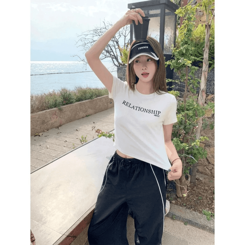 순면 40 220 그램 92 면 8 암모니아 Lun 한국 스타일 새로운 긍정적 인 어깨 반팔 티셔츠 여성 프린트 몸매 가꾸기 핫걸 맨위 상세 이미지 5