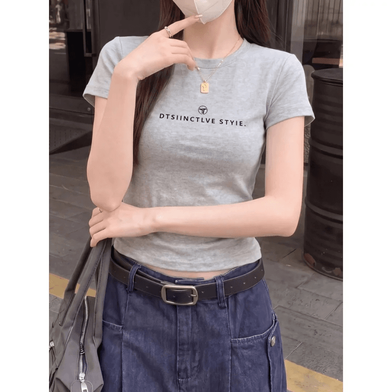 순면 40 220 그램 92 면 8 암모니아 Lun 한국 스타일 새로운 긍정적 인 어깨 반팔 티셔츠 여성 프린트 몸매 가꾸기 핫걸 맨위 이미지 3