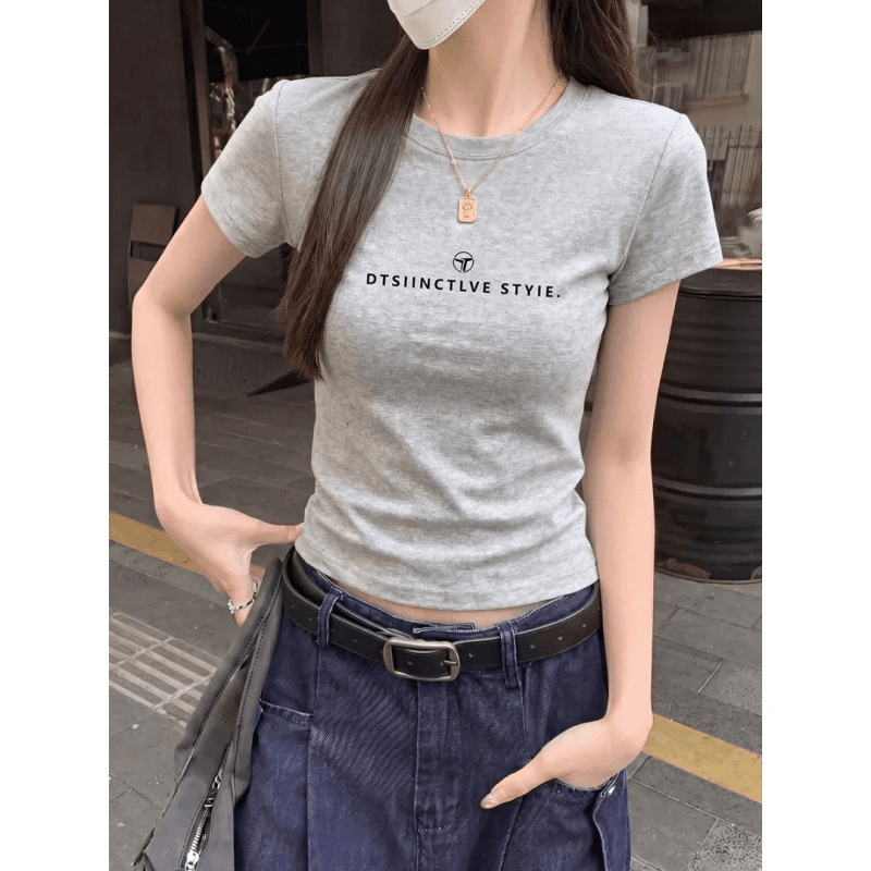 순면 40 220 그램 92 면 8 암모니아 Lun 한국 스타일 새로운 긍정적 인 어깨 반팔 티셔츠 여성 프린트 몸매 가꾸기 핫걸 맨위 이미지 5