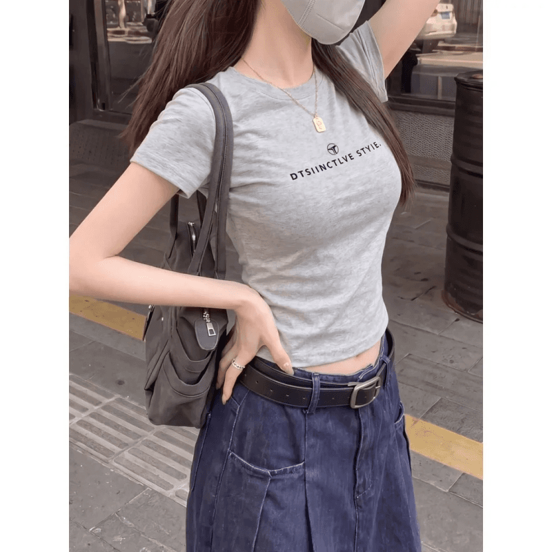 순면 40 220 그램 92 면 8 암모니아 Lun 한국 스타일 새로운 긍정적 인 어깨 반팔 티셔츠 여성 프린트 몸매 가꾸기 핫걸 맨위 상세 이미지 2