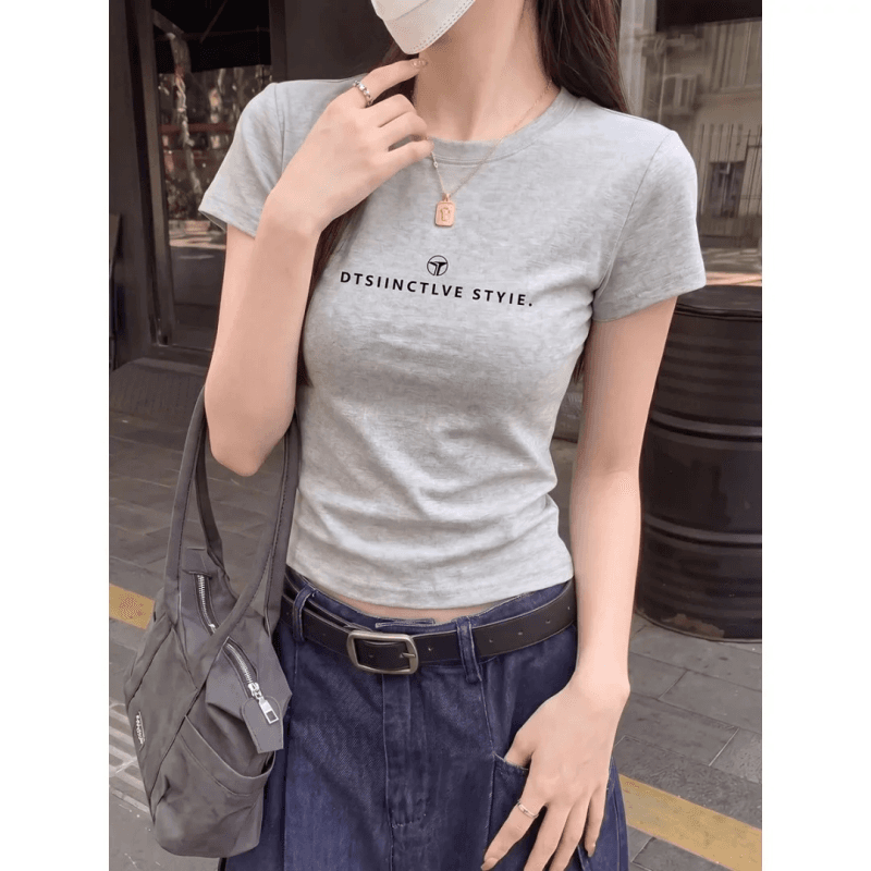 순면 40 220 그램 92 면 8 암모니아 Lun 한국 스타일 새로운 긍정적 인 어깨 반팔 티셔츠 여성 프린트 몸매 가꾸기 핫걸 맨위 상세 이미지 5