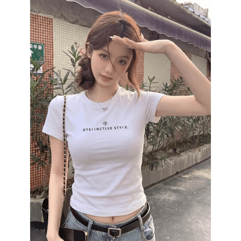 순면 40 220 그램 92 면 8 암모니아 Lun 한국 스타일 새로운 긍정적 인 어깨 반팔 티셔츠 여성 프린트 몸매 가꾸기 핫걸 맨위 상세 이미지 8