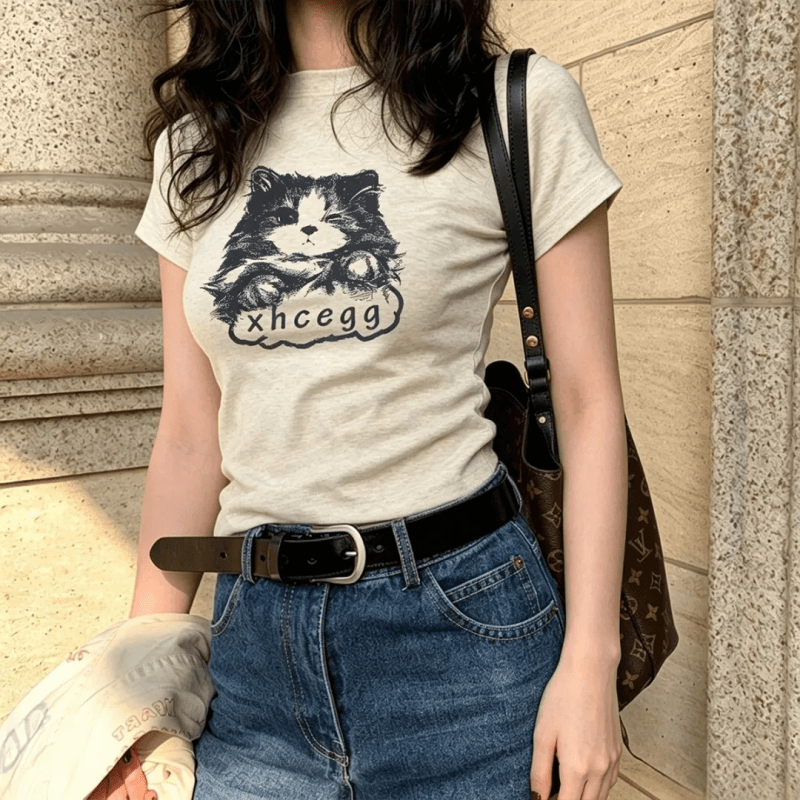 순면 40 220 그램 92 면 8 암모니아 Lun 한국 스타일 새로운 긍정적 인 어깨 반팔 티셔츠 여성 프린트 몸매 가꾸기 핫걸 맨위 이미지 4