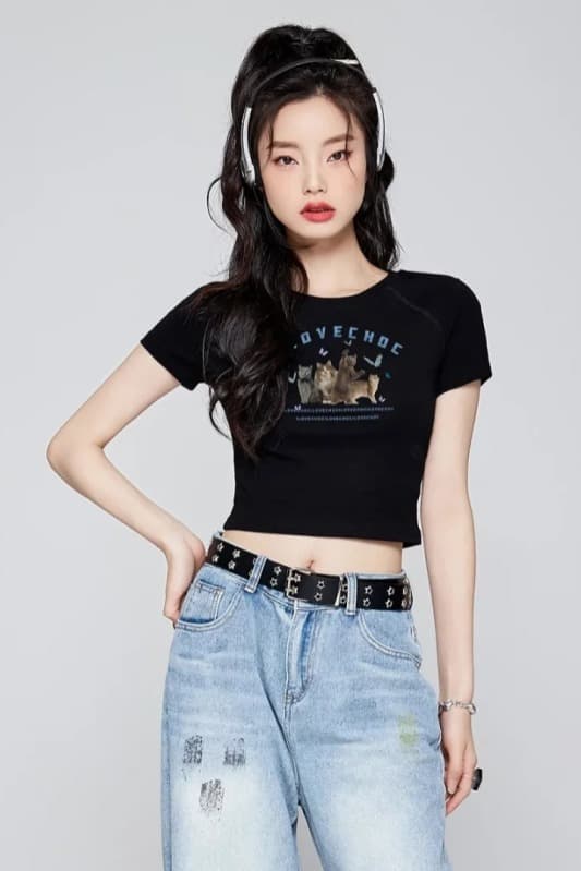 순면 40 220 그램 92 면 8 암모니아 Lun 한국 스타일 새로운 긍정적 인 어깨 반팔 티셔츠 여성 프린트 몸매 가꾸기 핫걸 맨위 이미지 6
