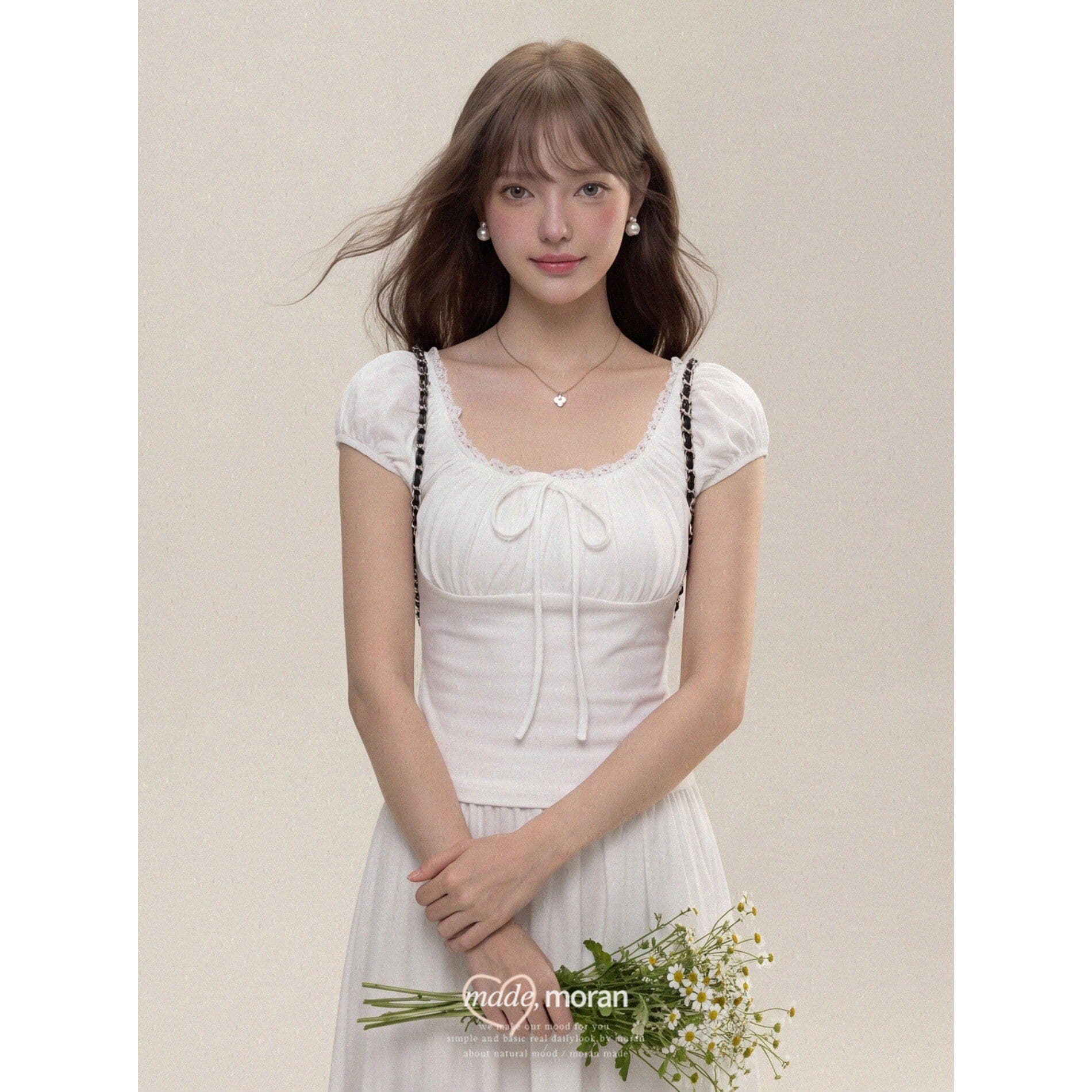광장 칼라 레이스 반팔 맨위 여성 여름 새로운 순수한 욕망 바람 디자인 센스 펌프 로프 몸매 가꾸기 슬림해 보이는 화이트 티셔츠 이미지 4
