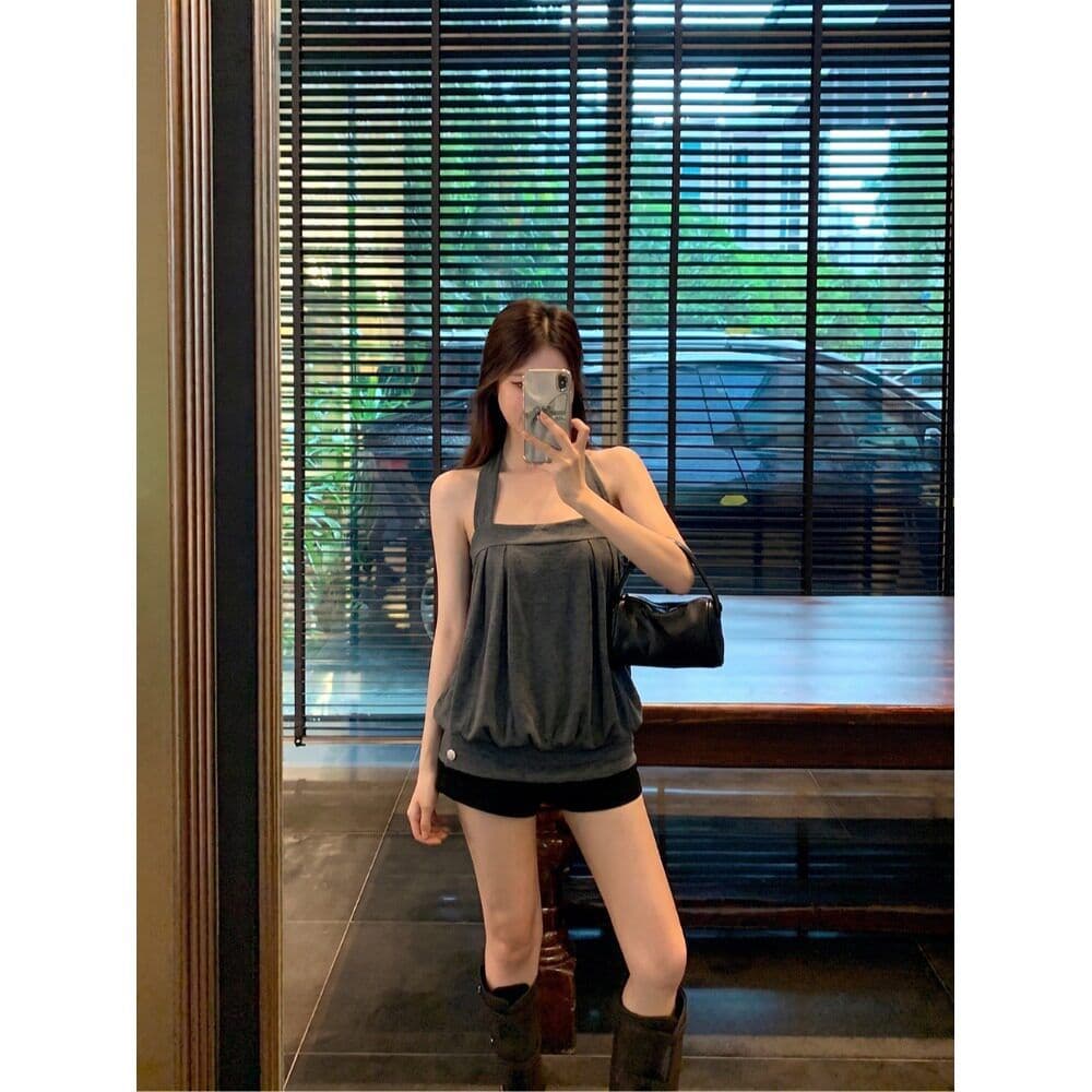 순수한 욕망 바람 어두운 회색 행침 목 튜브탑 캐미솔 여름 외출용 루즈핏 슬림해 보이는 민소매 꽃밭 짧은 맨위 이미지 3