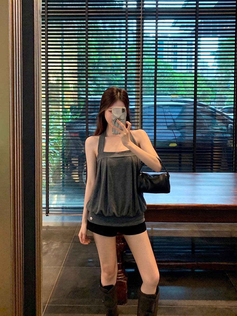 순수한 욕망 바람 어두운 회색 행침 목 튜브탑 캐미솔 여름 외출용 루즈핏 슬림해 보이는 민소매 꽃밭 짧은 맨위 상세 이미지 2