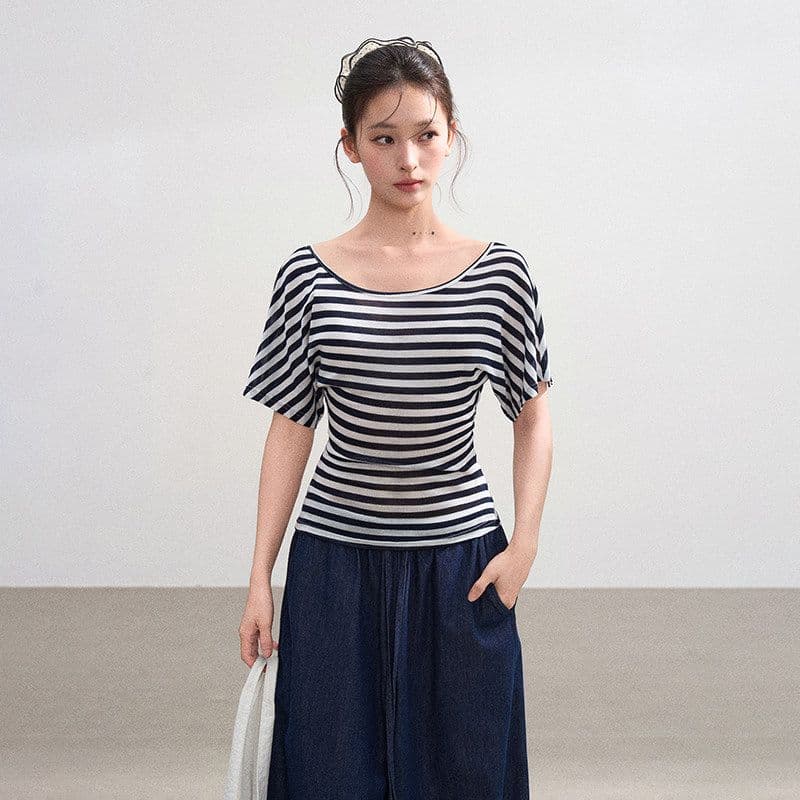 아메리칸 스트라이프 u 칼라 긍정적 인 어깨 반팔 티셔츠 여성 여름 몸매 가꾸기 허리 수축 반소매 슬림해 보이는 백리스 핫걸 맨위 이미지 2