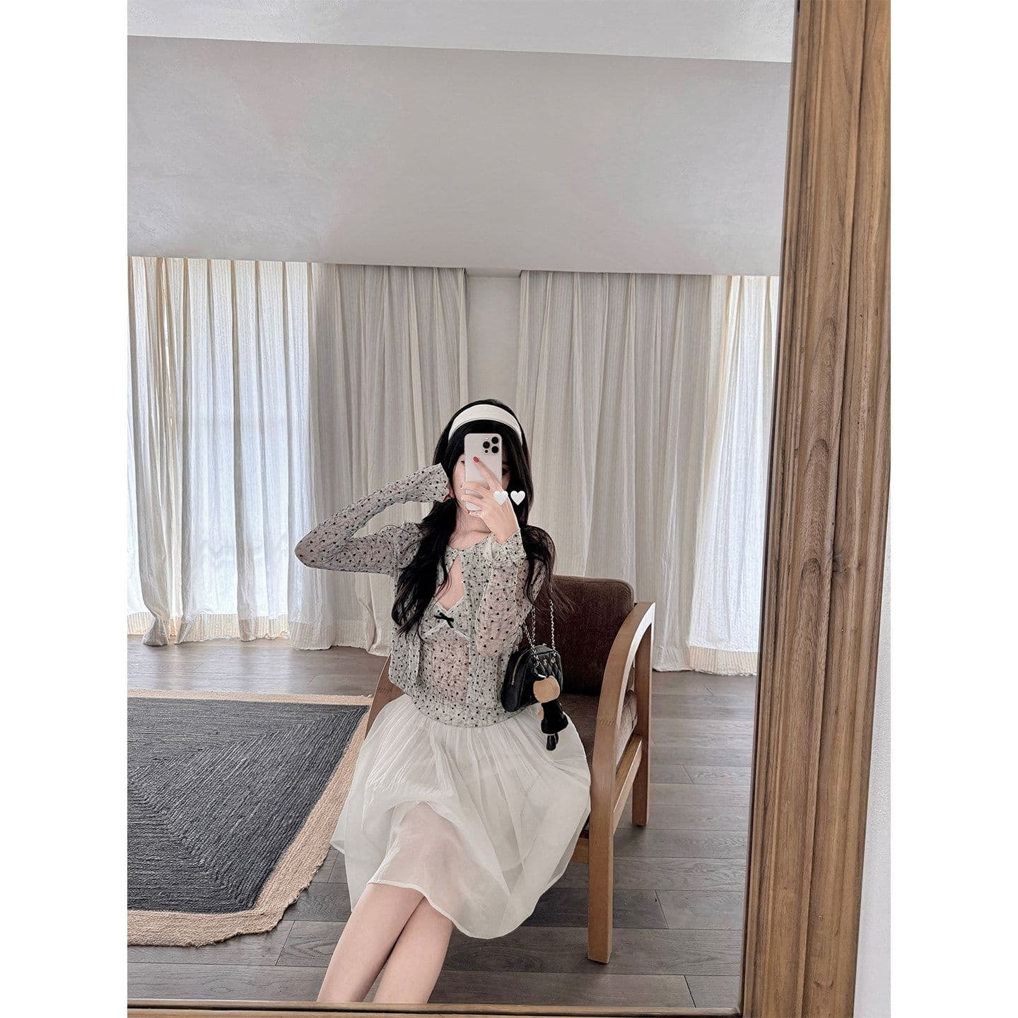 한 은 식물 플러시 도트 무늬 하트 긴팔 오픈 가디건 여성 여름 레이스 조각 캐미솔 슬림해 보이는 투피스 슈트 이미지 3