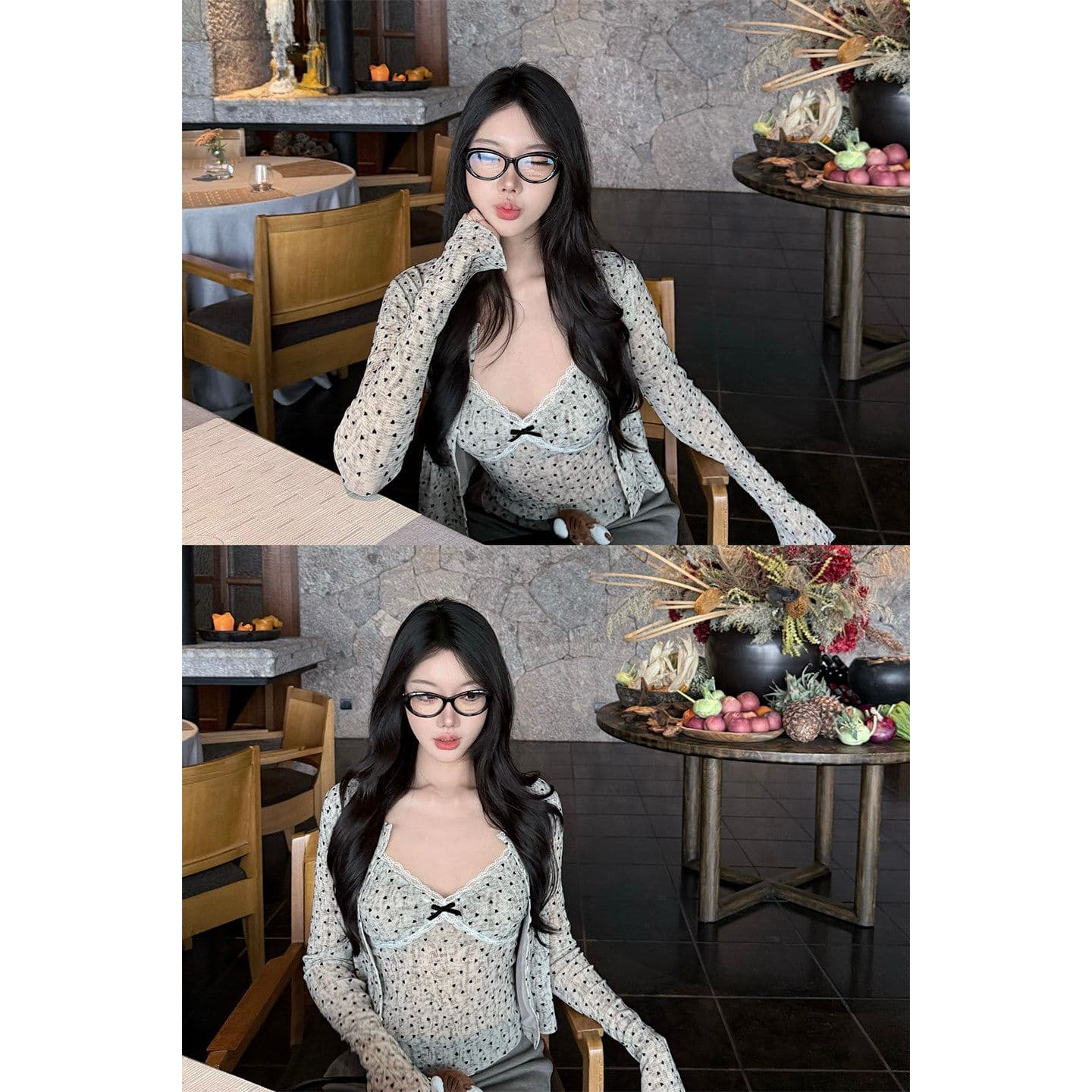 한 은 식물 플러시 도트 무늬 하트 긴팔 오픈 가디건 여성 여름 레이스 조각 캐미솔 슬림해 보이는 투피스 슈트 이미지 2