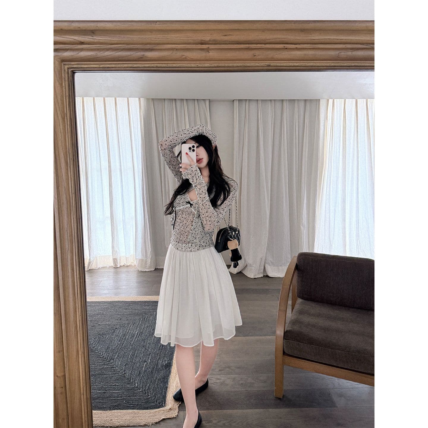 한 은 식물 플러시 도트 무늬 하트 긴팔 오픈 가디건 여성 여름 레이스 조각 캐미솔 슬림해 보이는 투피스 슈트 이미지 4