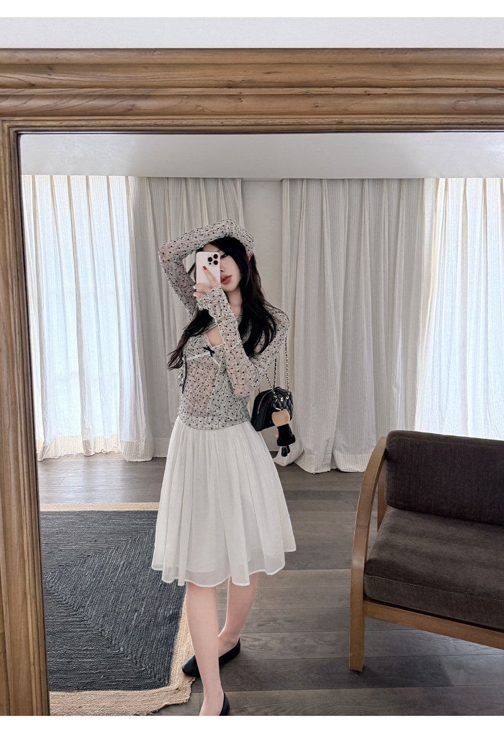 한 은 식물 플러시 도트 무늬 하트 긴팔 오픈 가디건 여성 여름 레이스 조각 캐미솔 슬림해 보이는 투피스 슈트 상세 이미지 5