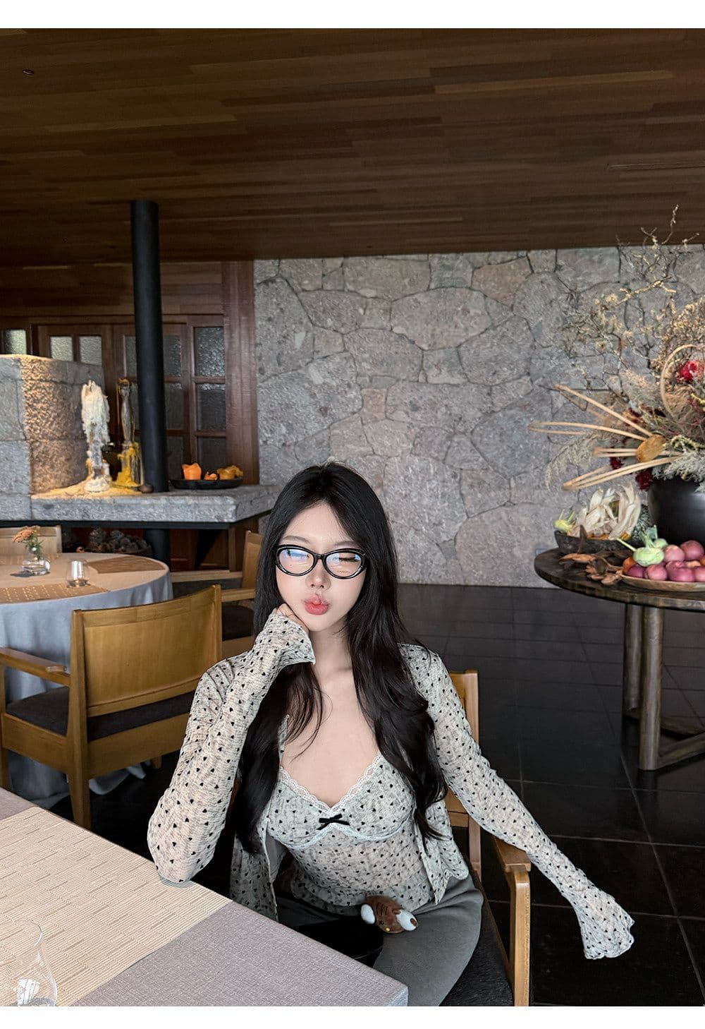 한 은 식물 플러시 도트 무늬 하트 긴팔 오픈 가디건 여성 여름 레이스 조각 캐미솔 슬림해 보이는 투피스 슈트 상세 이미지 6
