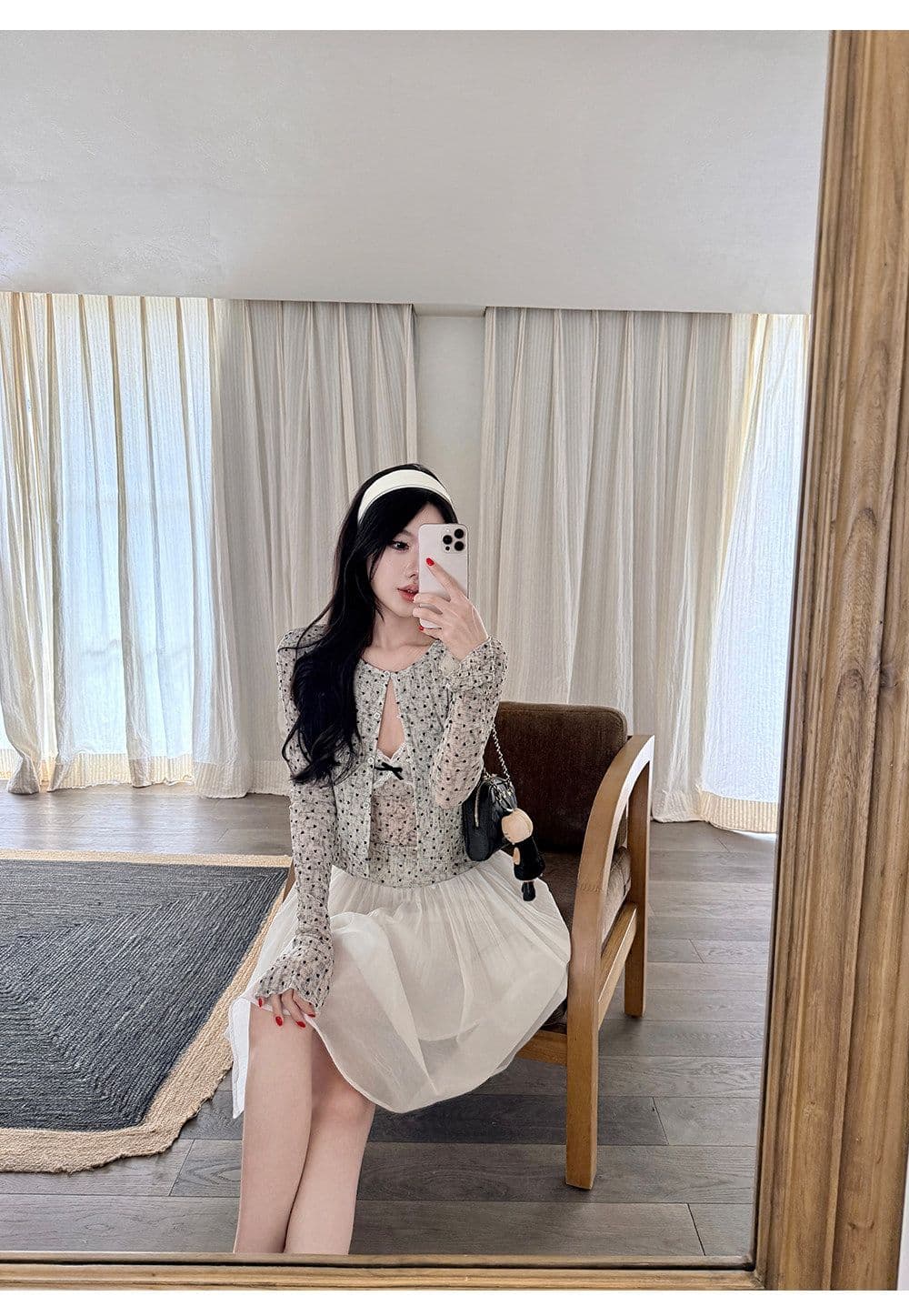 한 은 식물 플러시 도트 무늬 하트 긴팔 오픈 가디건 여성 여름 레이스 조각 캐미솔 슬림해 보이는 투피스 슈트 상세 이미지 13
