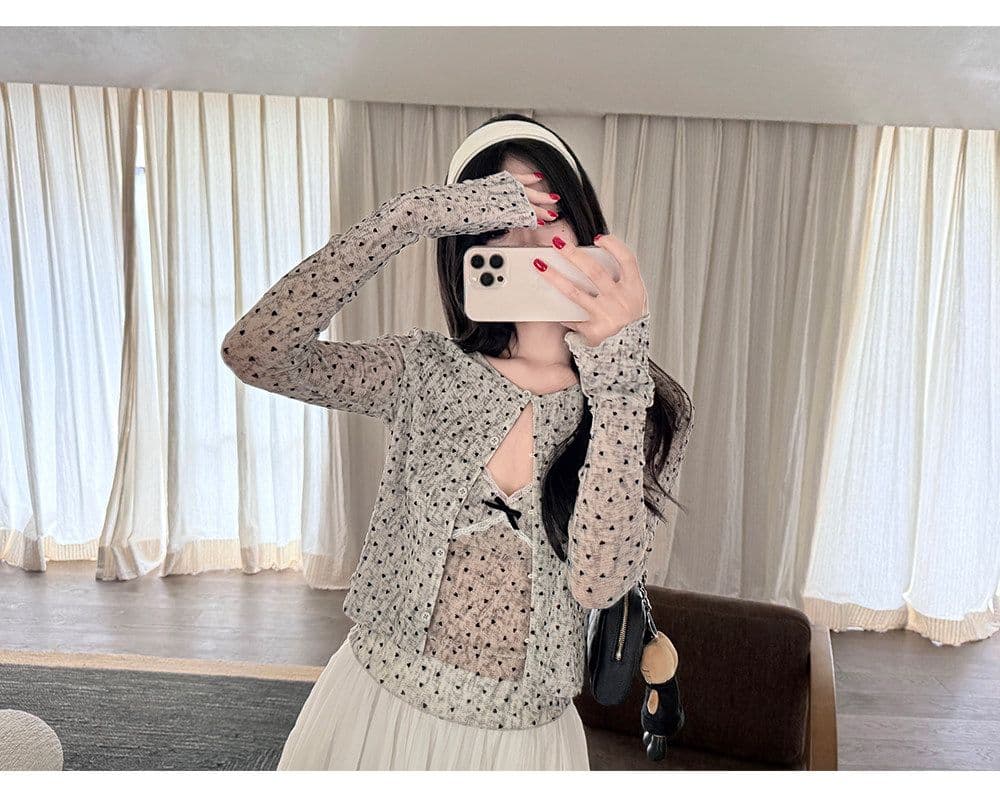 한 은 식물 플러시 도트 무늬 하트 긴팔 오픈 가디건 여성 여름 레이스 조각 캐미솔 슬림해 보이는 투피스 슈트 상세 이미지 14