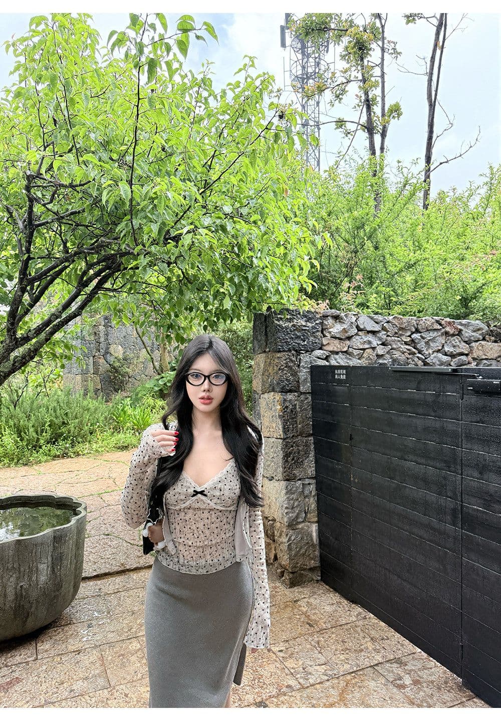한 은 식물 플러시 도트 무늬 하트 긴팔 오픈 가디건 여성 여름 레이스 조각 캐미솔 슬림해 보이는 투피스 슈트 상세 이미지 15