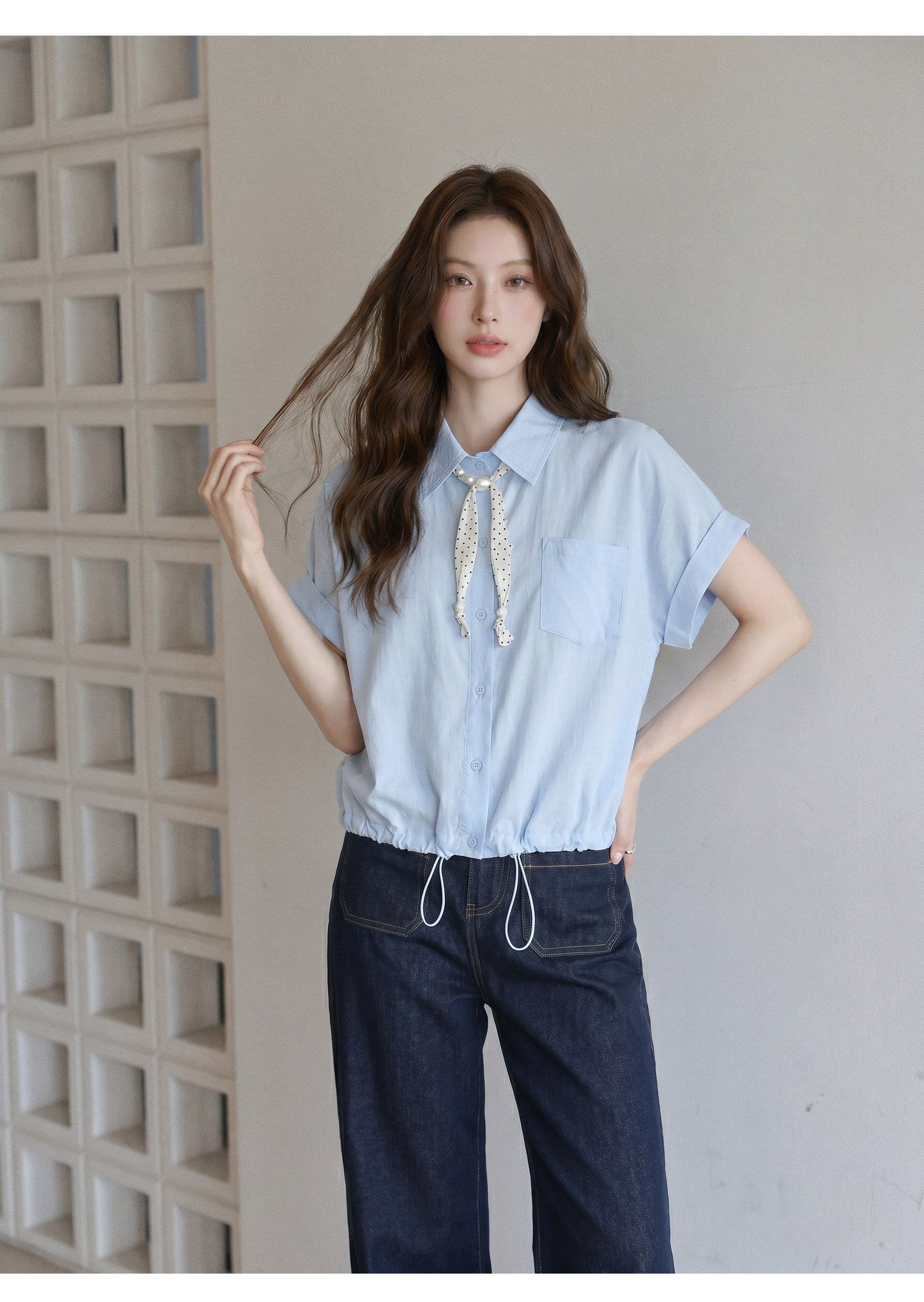 원본 것 한 부서 파란색 반팔 여성 셔츠 여름 도트 무늬 리본 펌프 로프 슬림해 보이는 학원 스타일 맨위 상세 이미지 3