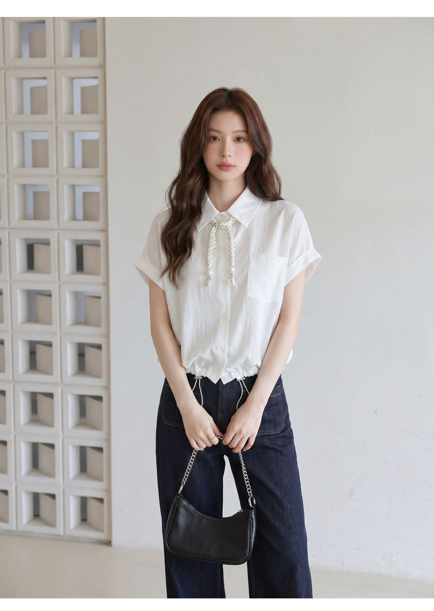 원본 것 한 부서 파란색 반팔 여성 셔츠 여름 도트 무늬 리본 펌프 로프 슬림해 보이는 학원 스타일 맨위 상세 이미지 6