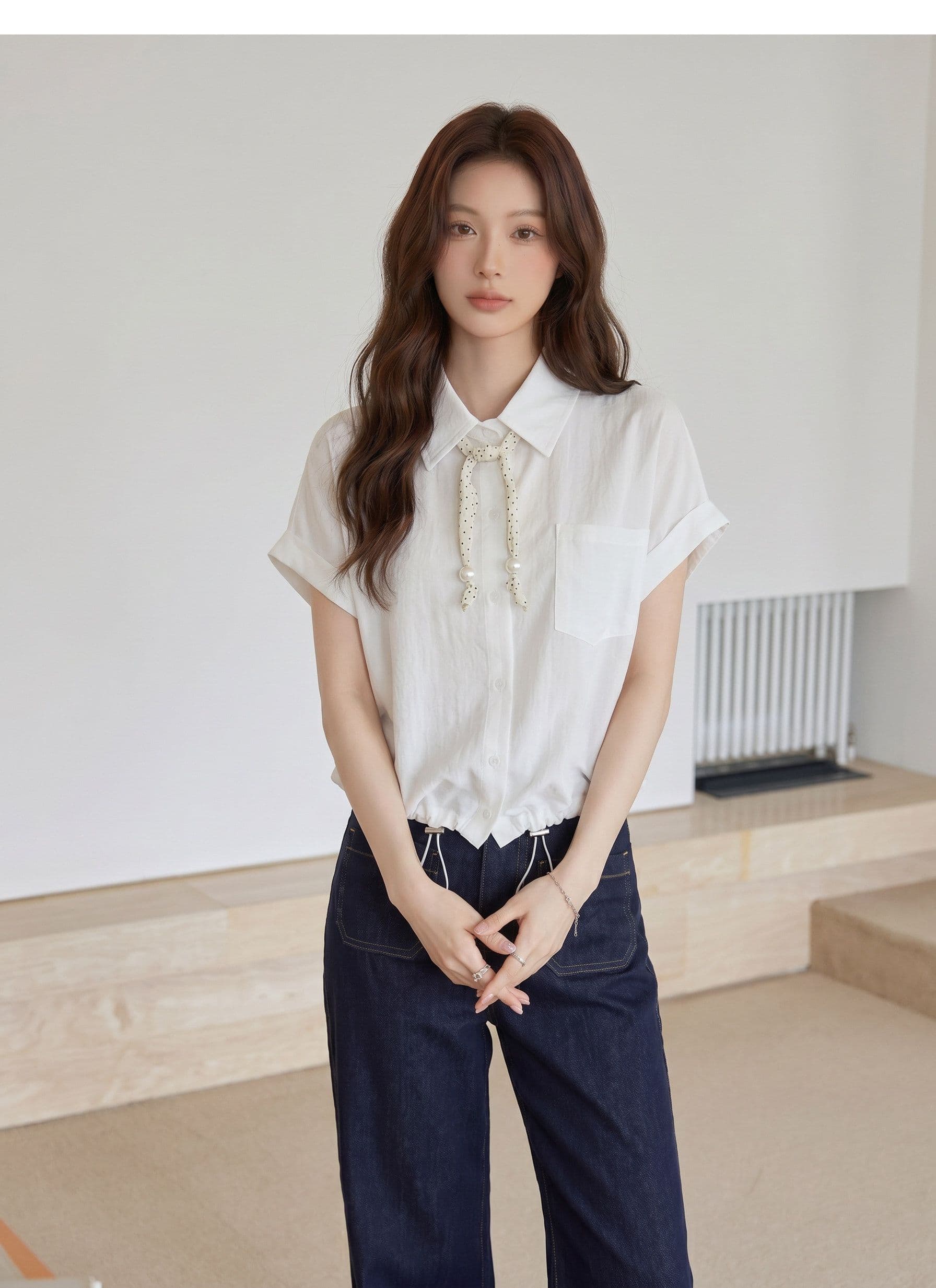 원본 것 한 부서 파란색 반팔 여성 셔츠 여름 도트 무늬 리본 펌프 로프 슬림해 보이는 학원 스타일 맨위 상세 이미지 8