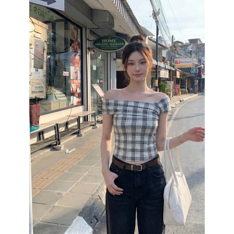 원본 것 한국 스타일 디자인 센스 오프숄더 보트넥 맨위 여성 여름 펌프 Pleat 슬림해 보이는 반팔 작은 셔츠 몸매 가꾸기 티셔츠 이미지 4