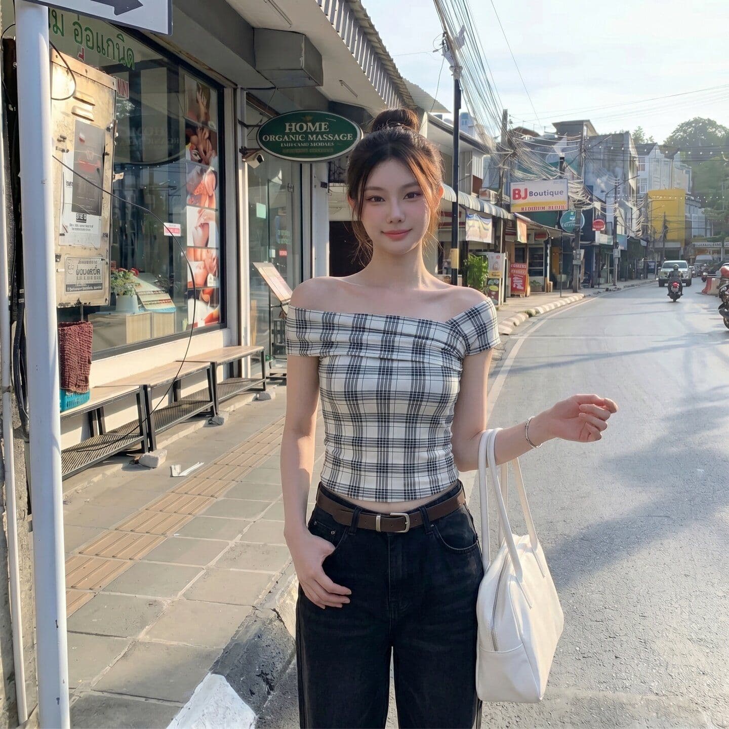 원본 것 한국 스타일 디자인 센스 오프숄더 보트넥 맨위 여성 여름 펌프 Pleat 슬림해 보이는 반팔 작은 셔츠 몸매 가꾸기 티셔츠 상세 이미지 8