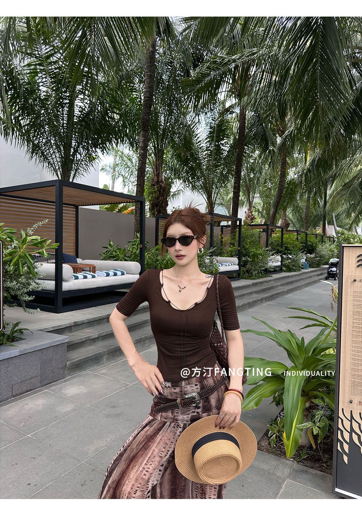사람들 면 260 그램 한국 스타일 핫걸 바람 커피 색상 반팔 티셔츠 여성 여름 디자인 센스 레이스업 몸매 가꾸기 슬림해 보이는 맨위 상세 이미지 13
