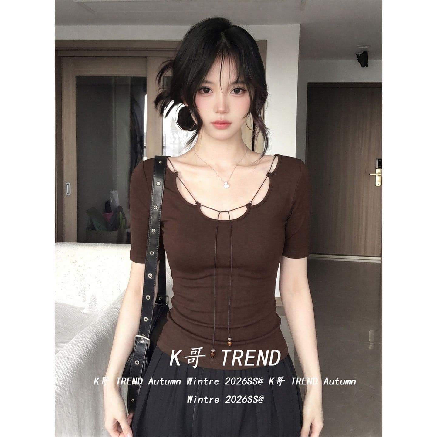 사람들 면 260 그램 한국 스타일 핫걸 바람 커피 색상 반팔 티셔츠 여성 여름 디자인 센스 레이스업 몸매 가꾸기 슬림해 보이는 맨위 이미지 2