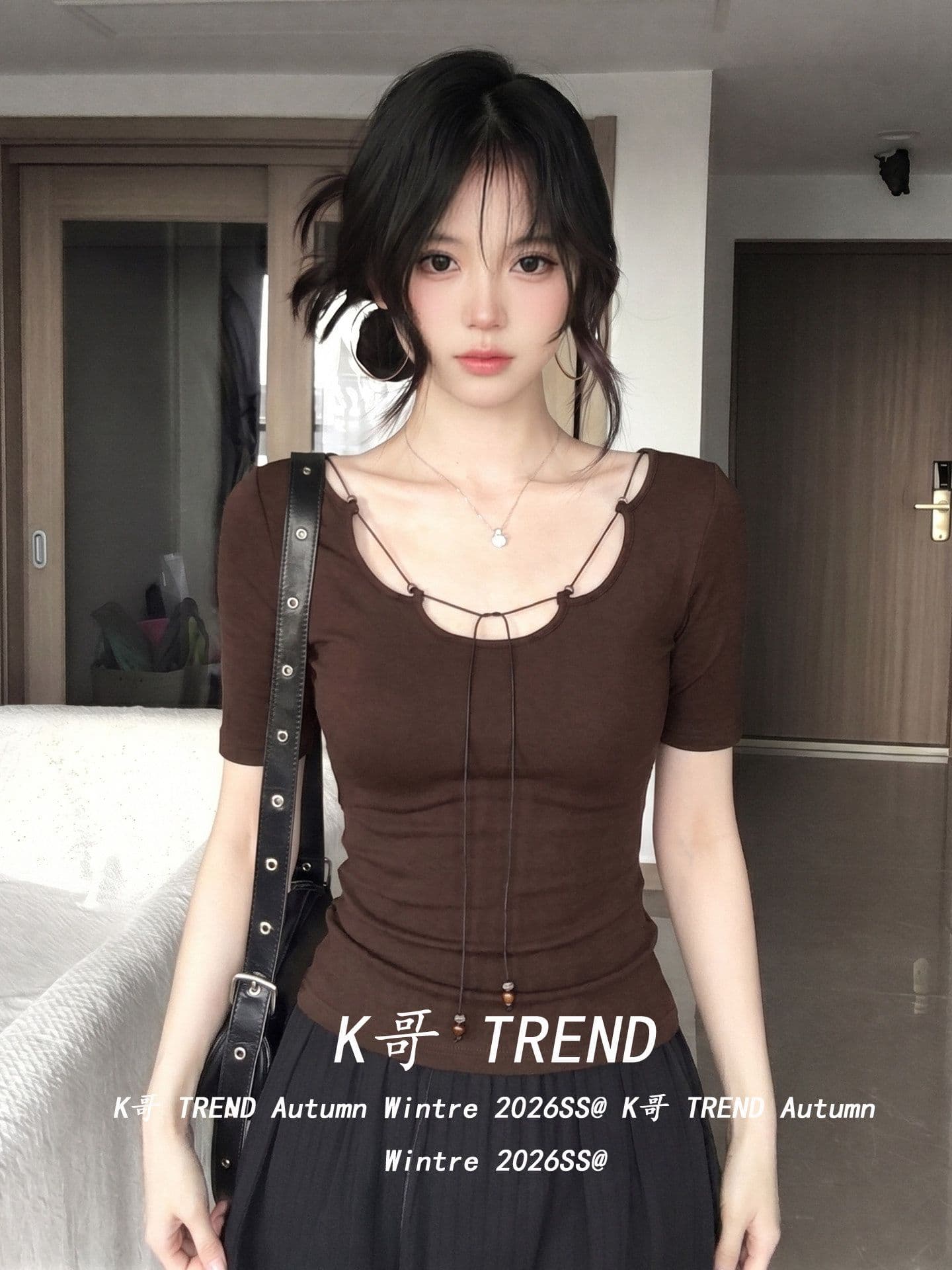 사람들 면 260 그램 한국 스타일 핫걸 바람 커피 색상 반팔 티셔츠 여성 여름 디자인 센스 레이스업 몸매 가꾸기 슬림해 보이는 맨위 상세 이미지 2