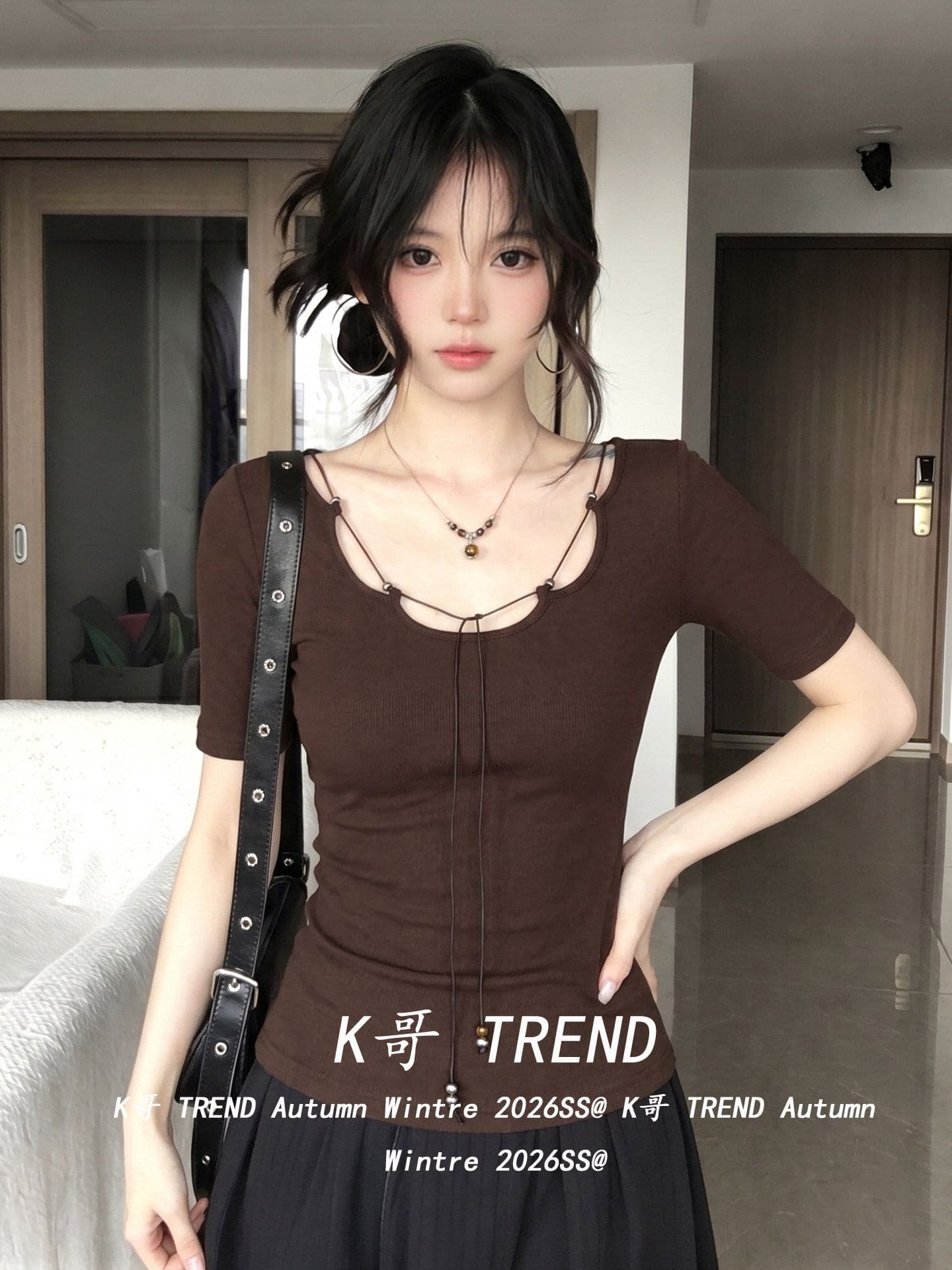 사람들 면 260 그램 한국 스타일 핫걸 바람 커피 색상 반팔 티셔츠 여성 여름 디자인 센스 레이스업 몸매 가꾸기 슬림해 보이는 맨위 상세 이미지 4