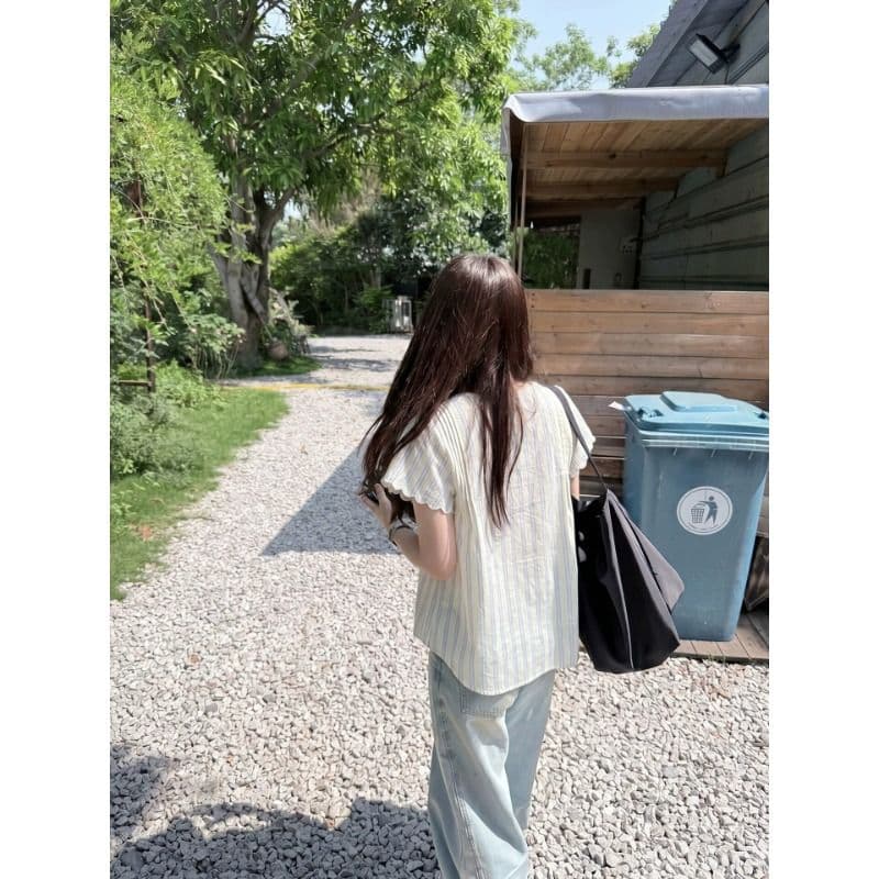원본 컬러 짜임 기사 한 부서 스트라이프 반팔 여성 셔츠 여름 레이스 소매 레이스업 셔츠 루즈핏 맨위 이미지 5