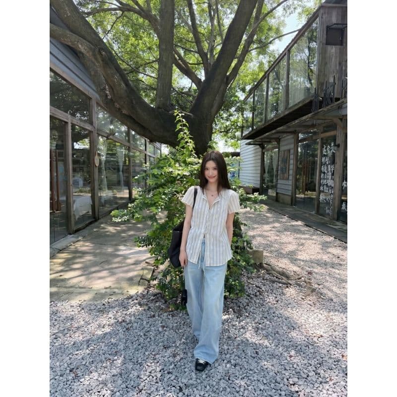 원본 컬러 짜임 기사 한 부서 스트라이프 반팔 여성 셔츠 여름 레이스 소매 레이스업 셔츠 루즈핏 맨위 이미지 3