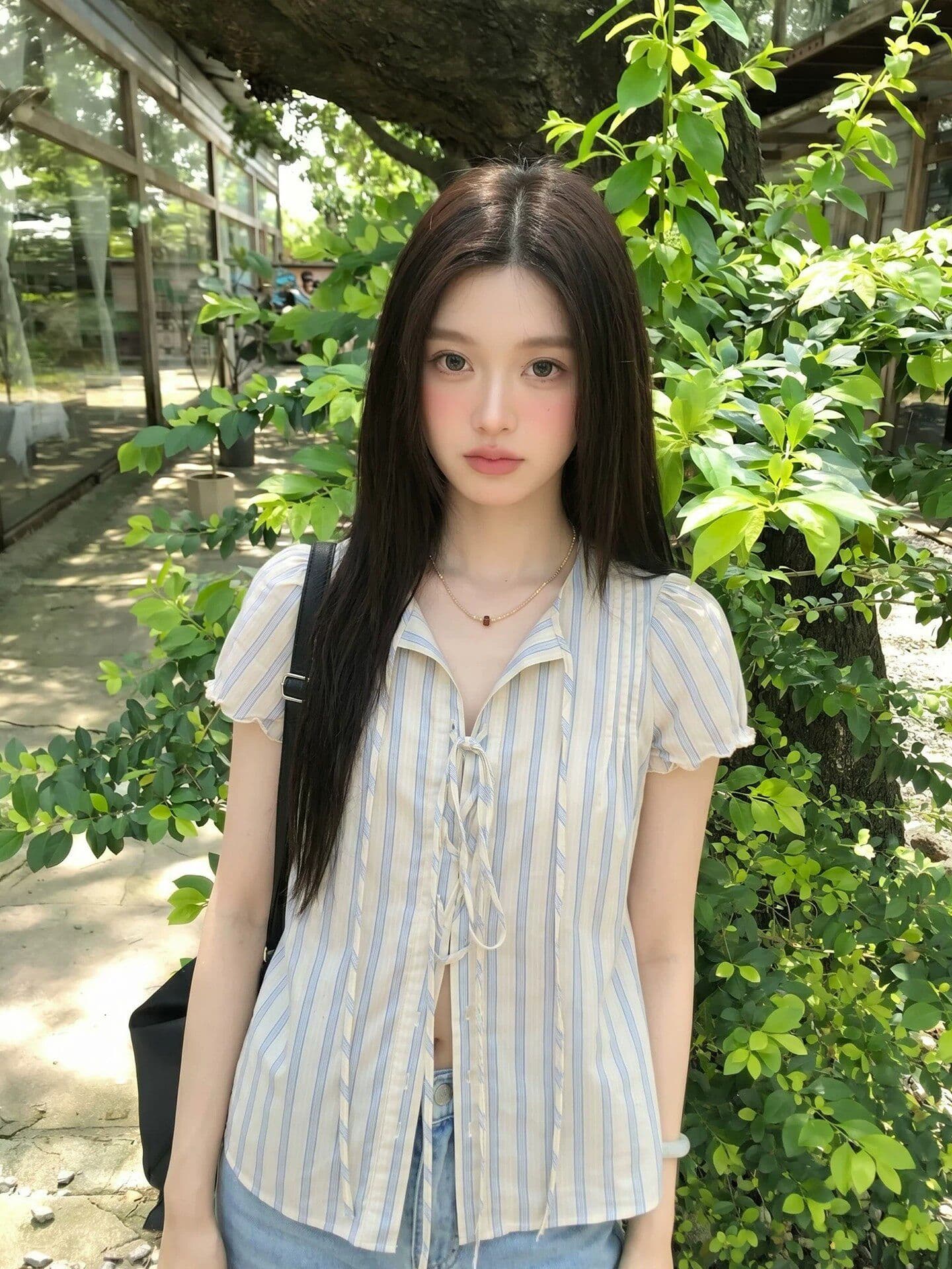 원본 컬러 짜임 기사 한 부서 스트라이프 반팔 여성 셔츠 여름 레이스 소매 레이스업 셔츠 루즈핏 맨위 상세 이미지 2