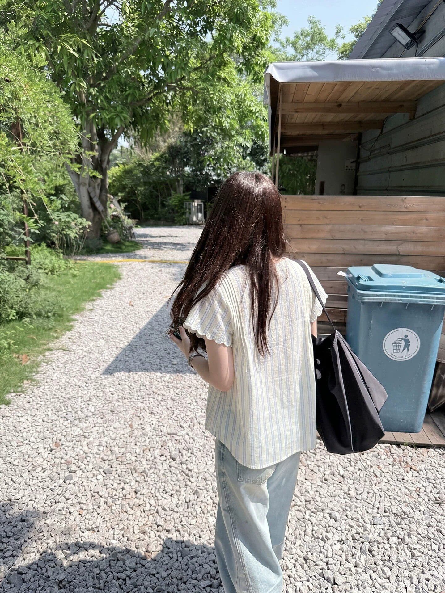 원본 컬러 짜임 기사 한 부서 스트라이프 반팔 여성 셔츠 여름 레이스 소매 레이스업 셔츠 루즈핏 맨위 상세 이미지 4