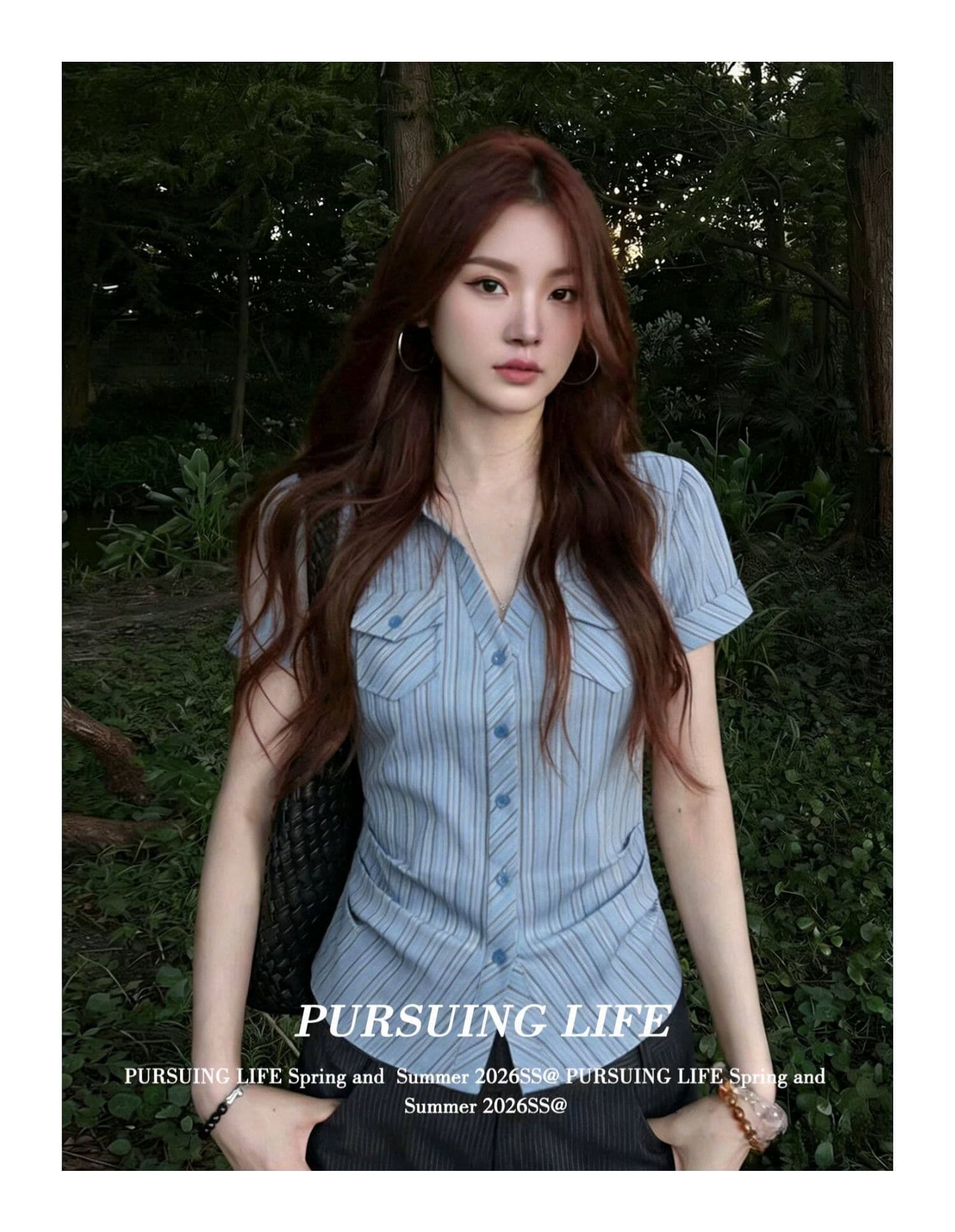 원본 자카드 한국 스타일 파란색 스트라이프 반팔 여성 셔츠 여름 주머니 꼬집기 허리 셔츠 몸매 가꾸기 슬림해 보이는 맨위 상세 이미지 2