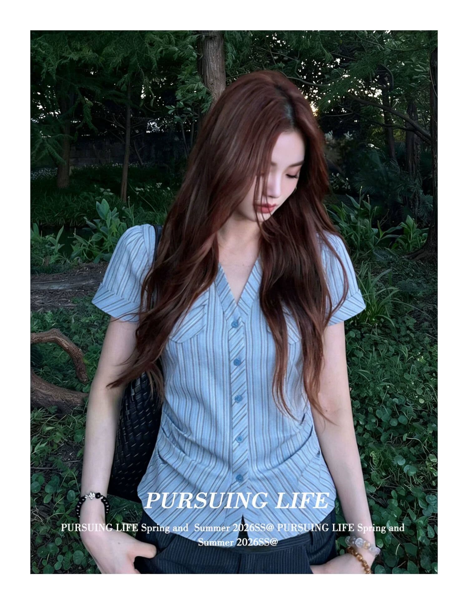원본 자카드 한국 스타일 파란색 스트라이프 반팔 여성 셔츠 여름 주머니 꼬집기 허리 셔츠 몸매 가꾸기 슬림해 보이는 맨위 상세 이미지 3