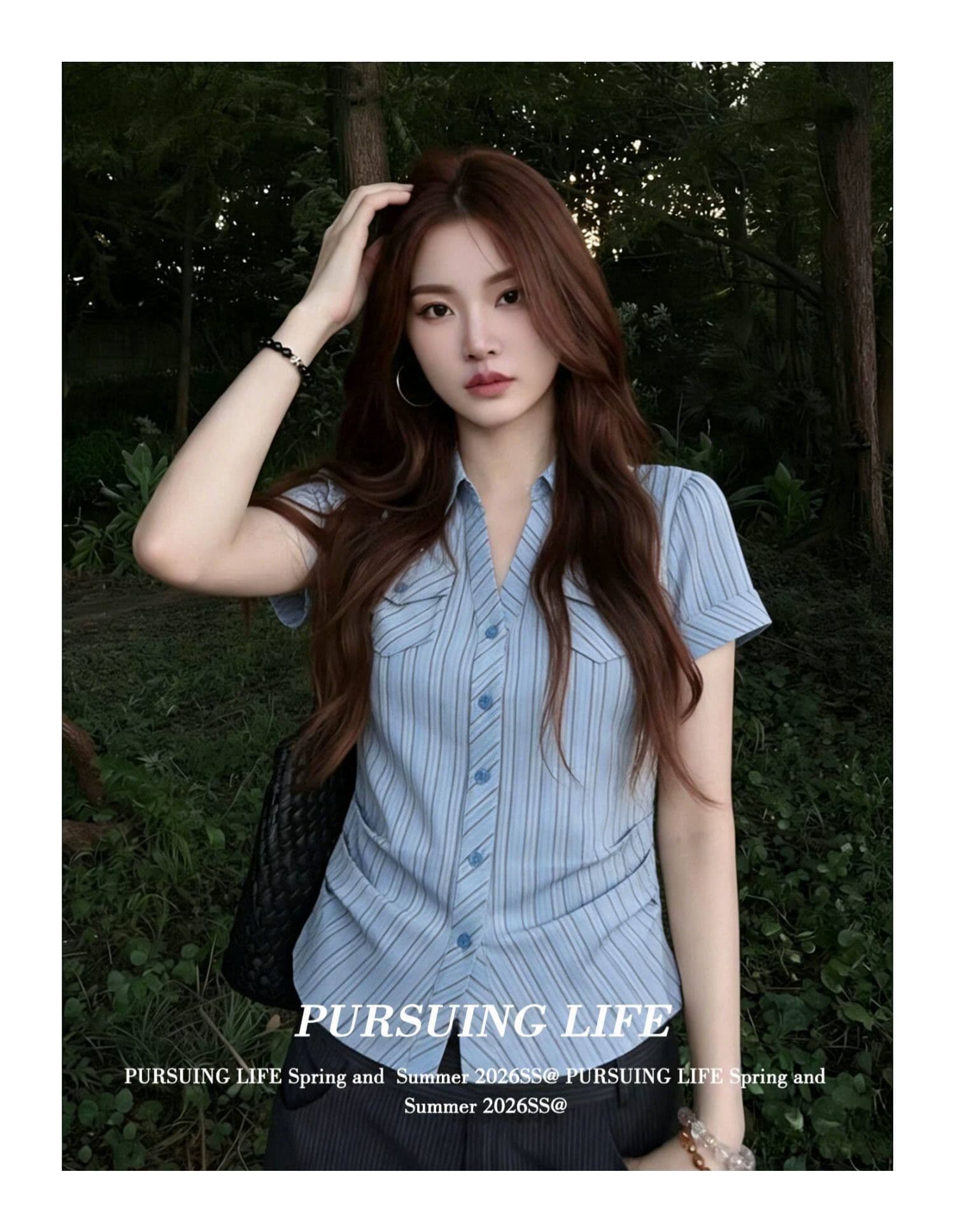 원본 자카드 한국 스타일 파란색 스트라이프 반팔 여성 셔츠 여름 주머니 꼬집기 허리 셔츠 몸매 가꾸기 슬림해 보이는 맨위 상세 이미지 4