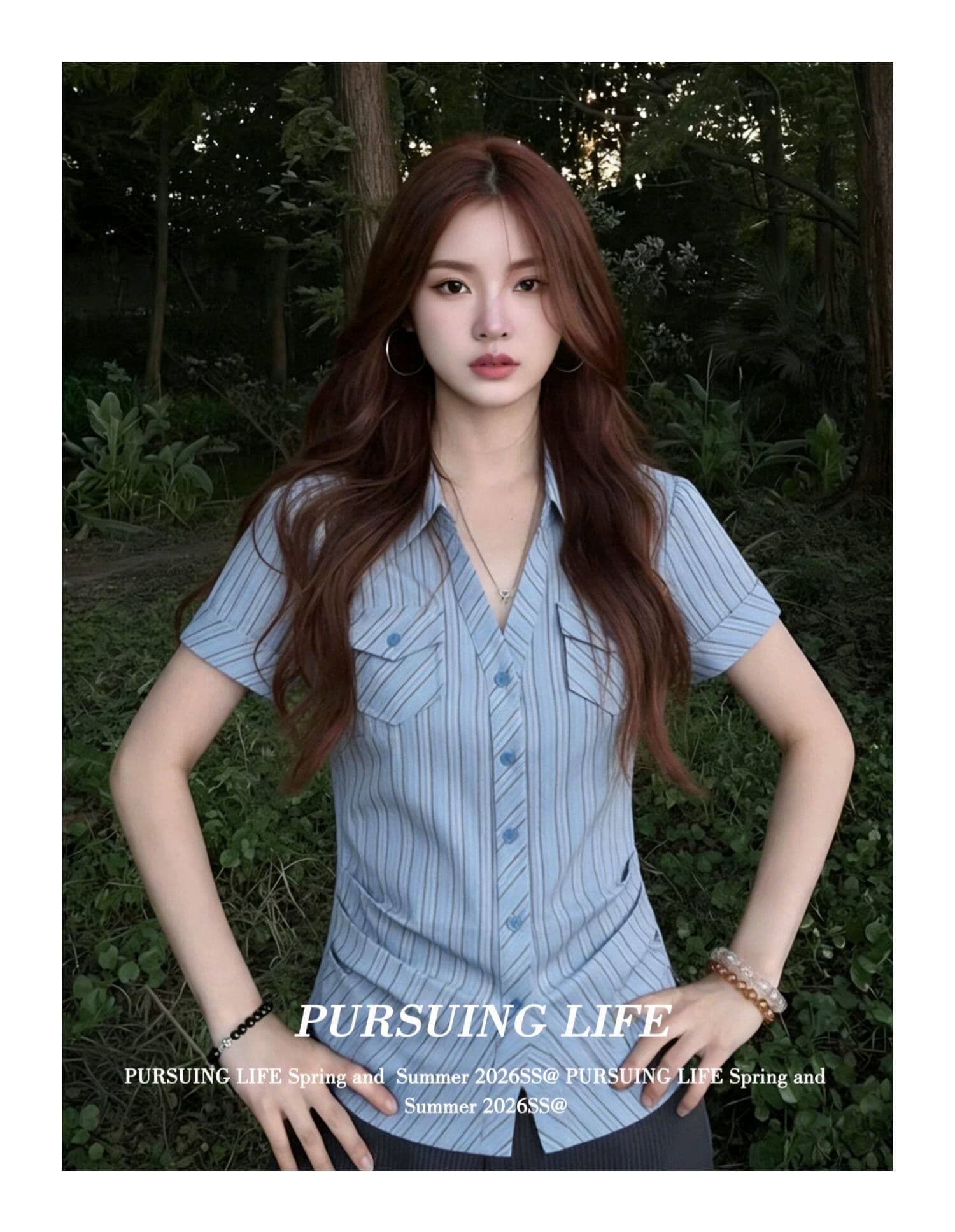 원본 자카드 한국 스타일 파란색 스트라이프 반팔 여성 셔츠 여름 주머니 꼬집기 허리 셔츠 몸매 가꾸기 슬림해 보이는 맨위 상세 이미지 5